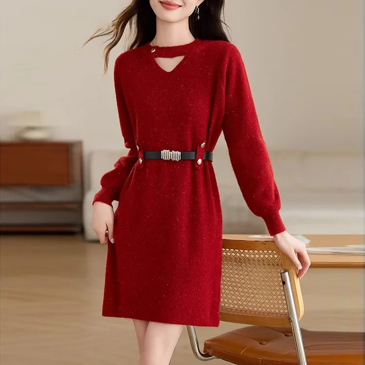 小心机设计红色毛衣裙女秋冬2024新款内搭中长款针织打底衫配大衣
