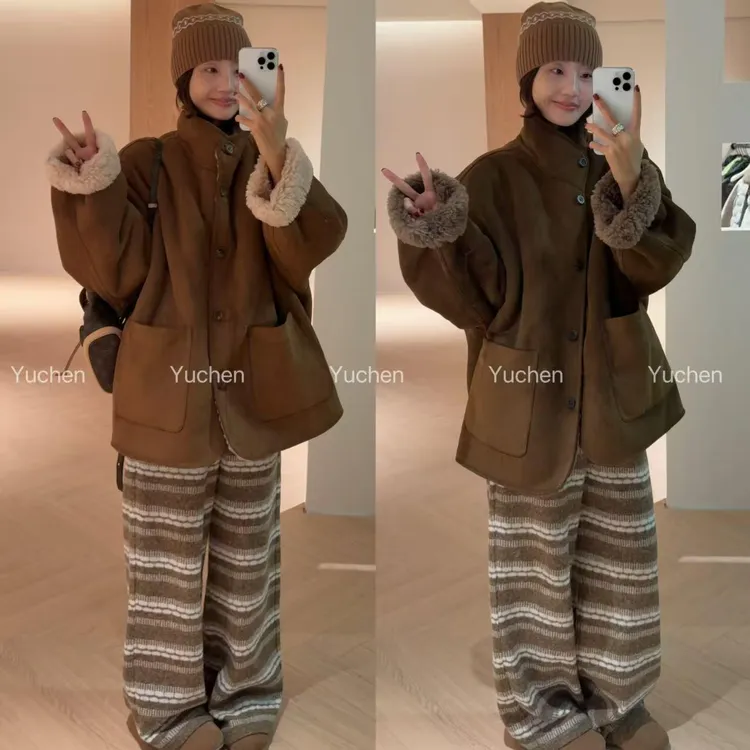 美式复古皮毛一体棉衣女春季高级感新款棉服小众不撞款风格外套潮