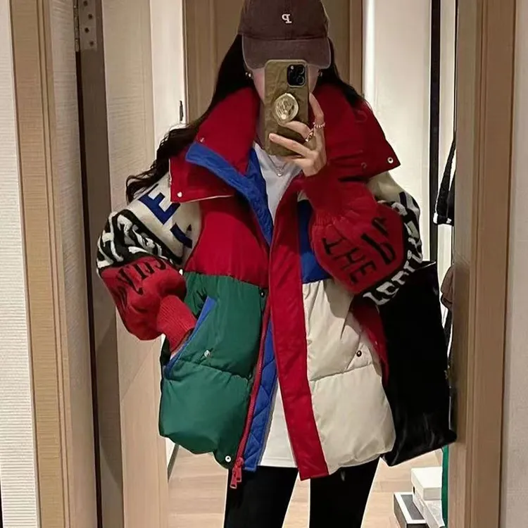 棉衣女冬季新款欧洲站时尚宽松休闲撞色连帽针织袖字母设计感棉服