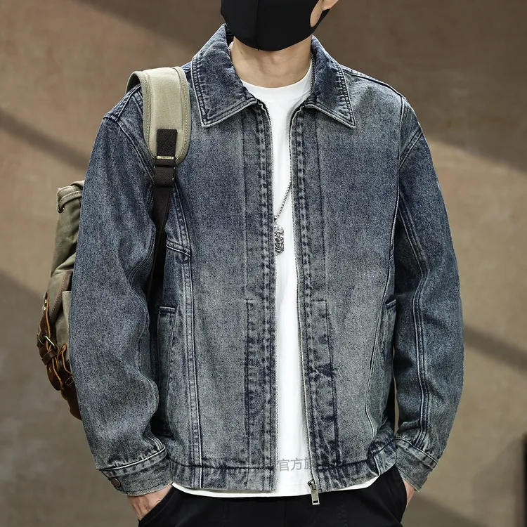 美式重工拼接复古水洗牛仔夹克男秋季新款宽松休闲痞帅上衣外套潮
