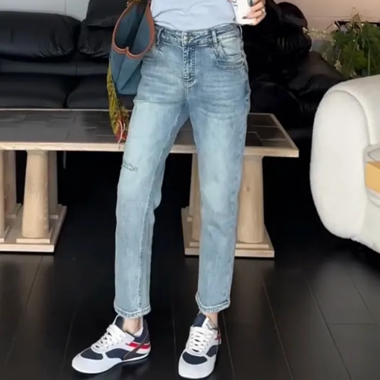 高腰显瘦双口袋直筒牛仔裤2025破洞小脚裤九分弹力烟管裤子