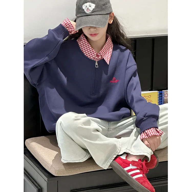 K29789孙小美格纹拼接女童秋装卫衣2025新款儿童上衣春秋洋气衣服