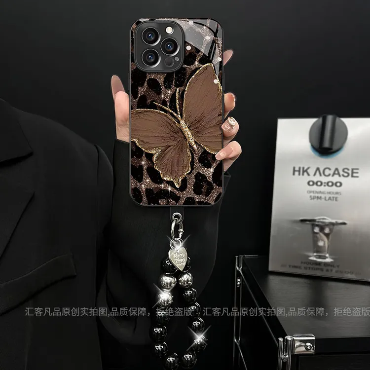 适用【苹果/oppo/华为/vivo/小米】电镀玻璃豹纹蝴蝶创意网红手机壳