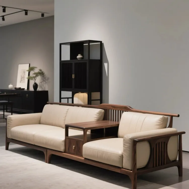 新中式北美黑胡桃木真皮沙发宋式美学三人位高端简约现代实木沙发