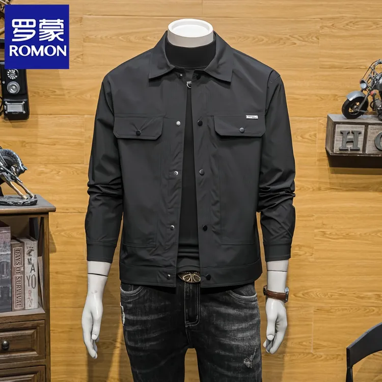 罗蒙男士翻领外套潮流修身男装上衣新款青年潮牌休闲秋季工装夹克
