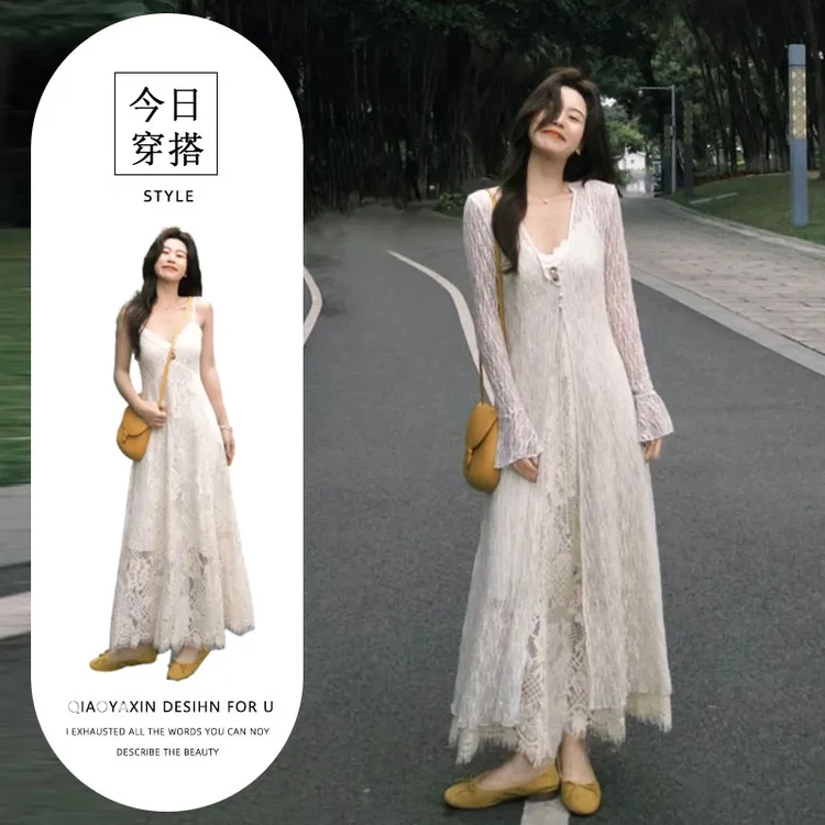 春装搭配一整套微胖mm法式显瘦遮肉蕾丝开衫叠穿吊带连衣裙套装女