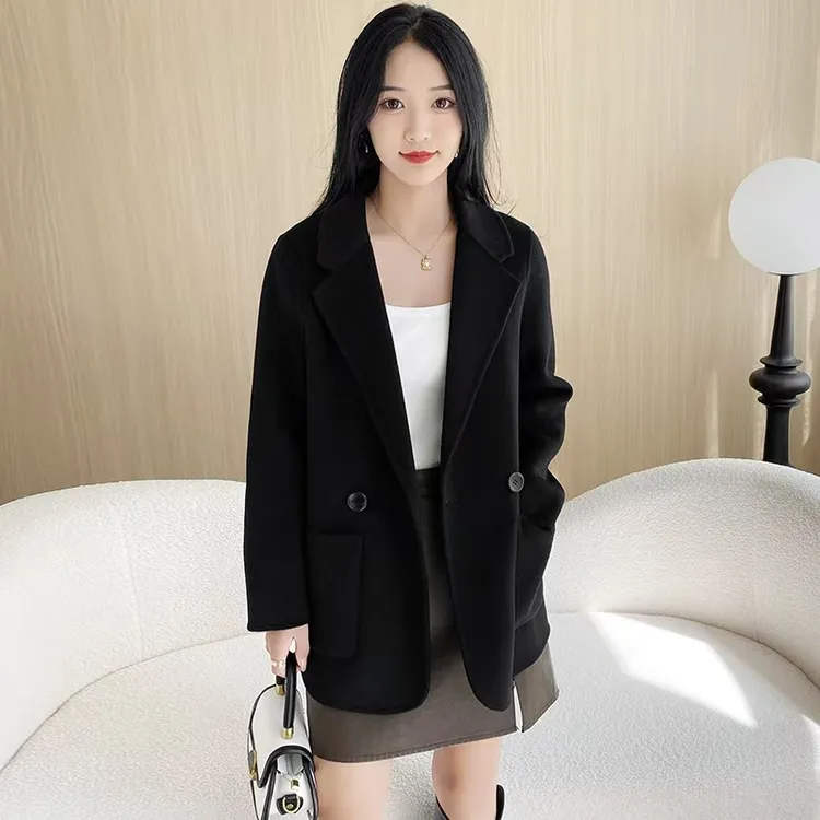 秋冬短款韩版女外套V领宽松型毛呢毛呢外套呢大衣