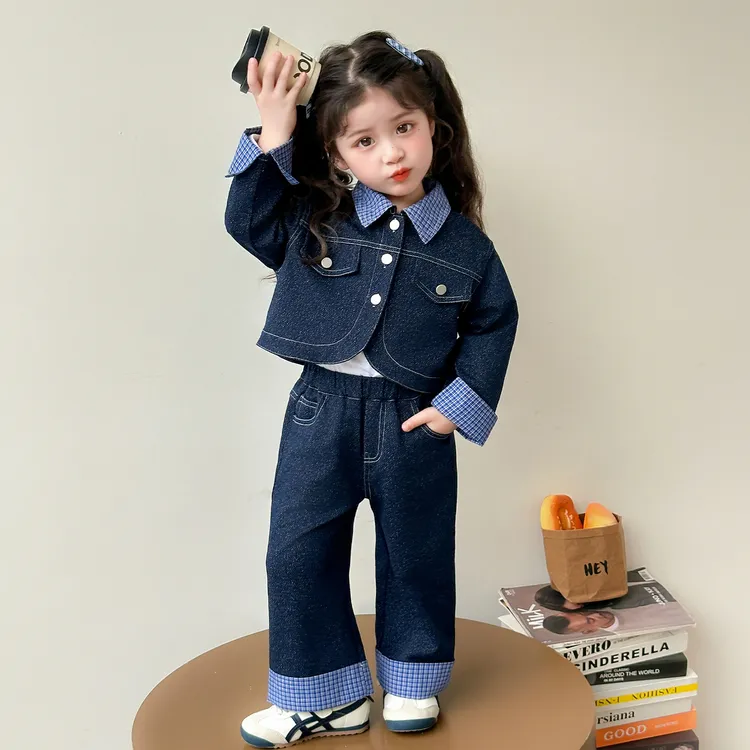 女童牛仔套装春秋季新款儿童格子拼接外套洋气女宝时髦休闲两件套