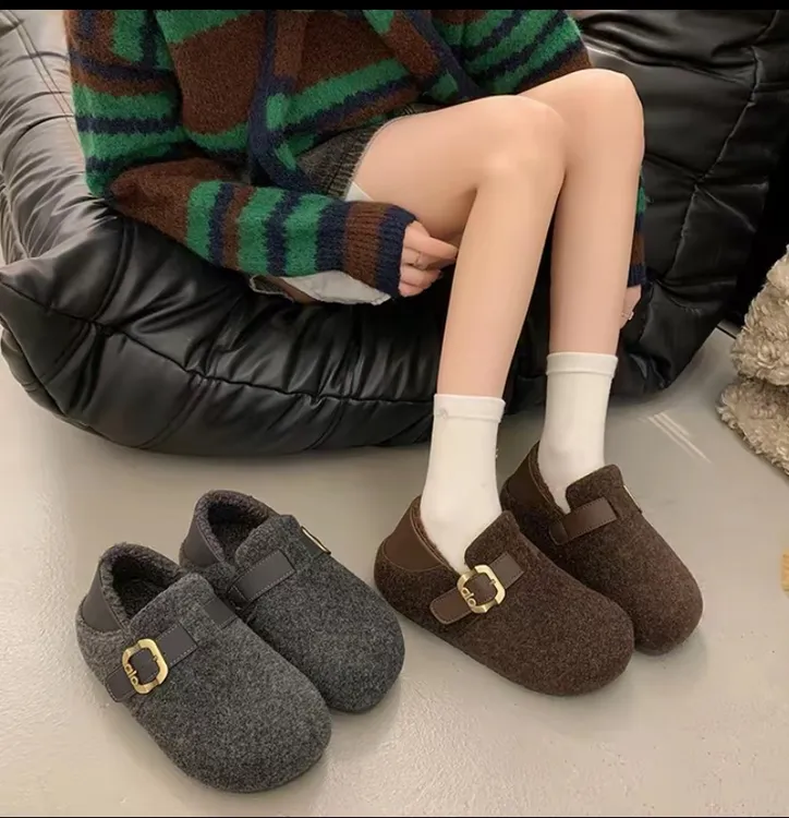 D08内增高全包两穿博肯女鞋2505冬季新款加绒一脚蹬厚底毛毛鞋