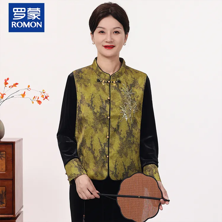 罗蒙品牌妈妈秋装国风套装中年花色新中式马夹上衣中老年女三件套