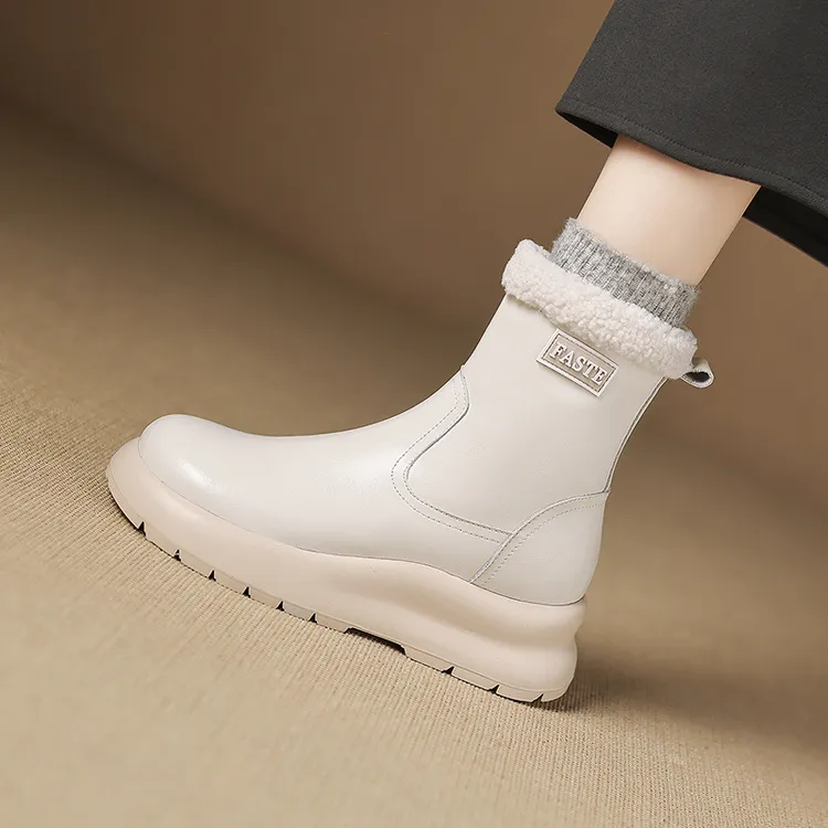 6cm百搭厚底休闲加厚保暖短靴女冬舒适增高圆头真皮混纺羊毛棉鞋