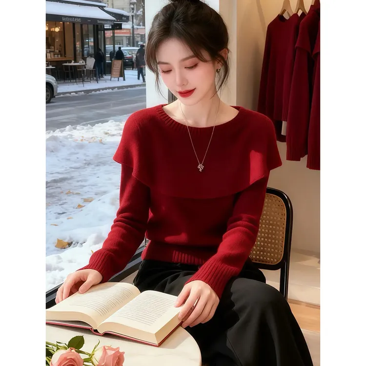 法式高级感圆领斗篷洋气毛针织衫女2026早春新款修身显瘦内搭上衣