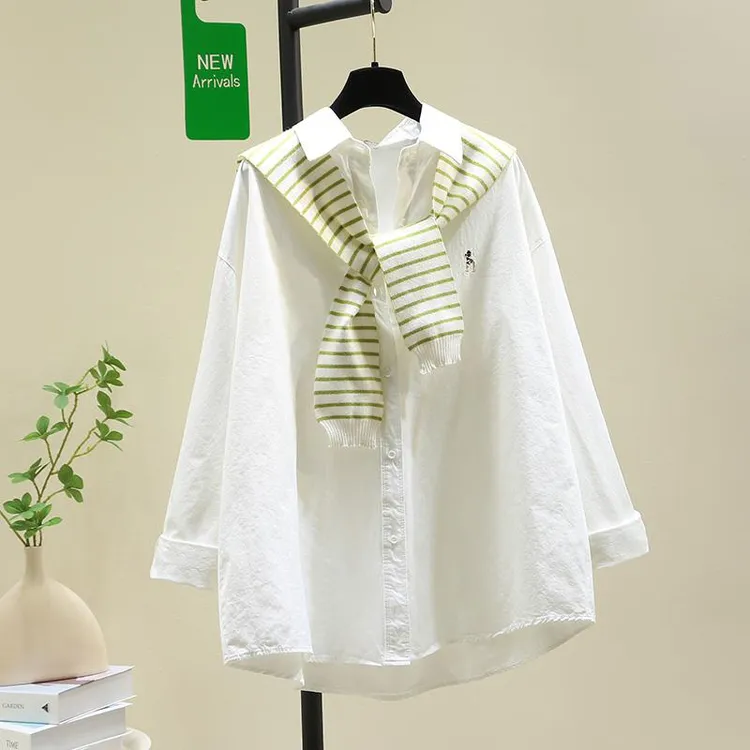 高级感针织条纹披肩白衬衫女外套2025春装新款韩版宽松衬衣上衣
