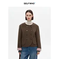 SELFWHO纯绵羊毛短款双面呢外套女2025冬新款垫肩双排扣毛呢外套