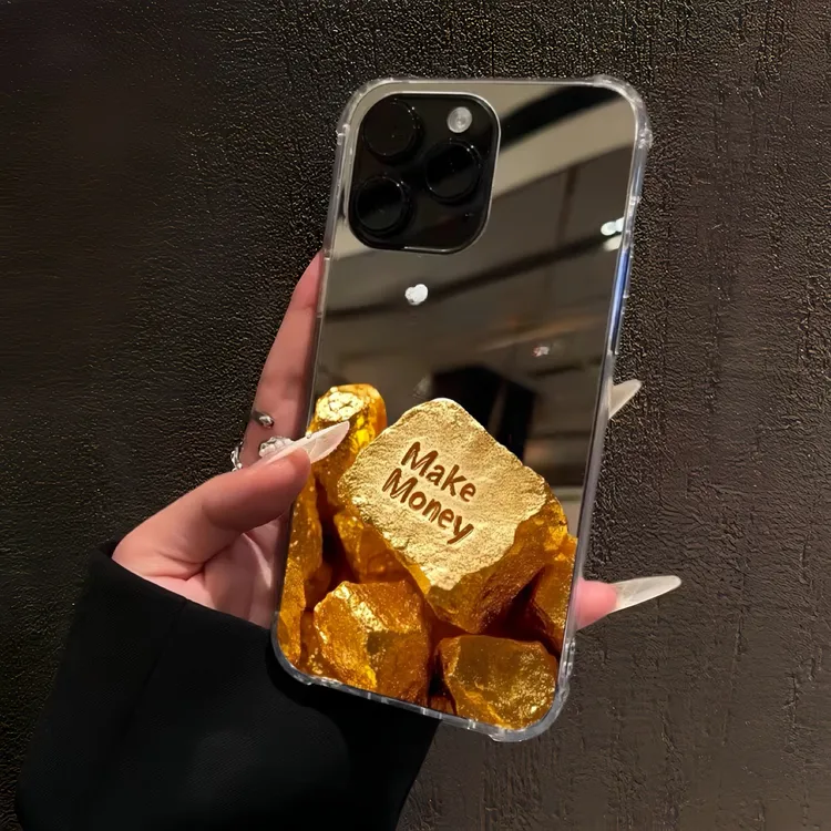 黄金石块适用于苹果16promax镜面手机壳15plus好运14发财13小众12