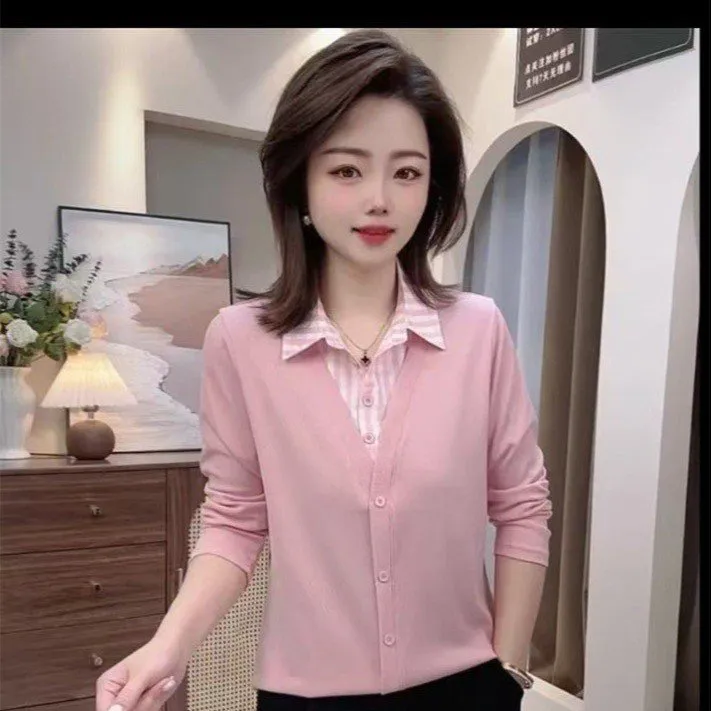 拼接条纹假两件长袖衬衫女春夏新款潮气质妈妈装显瘦纯色减龄上衣