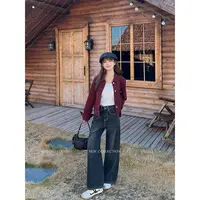 王家有鱼【小个子定制】黑灰色阔腿裤女2025秋季新款百搭通勤牛仔裤