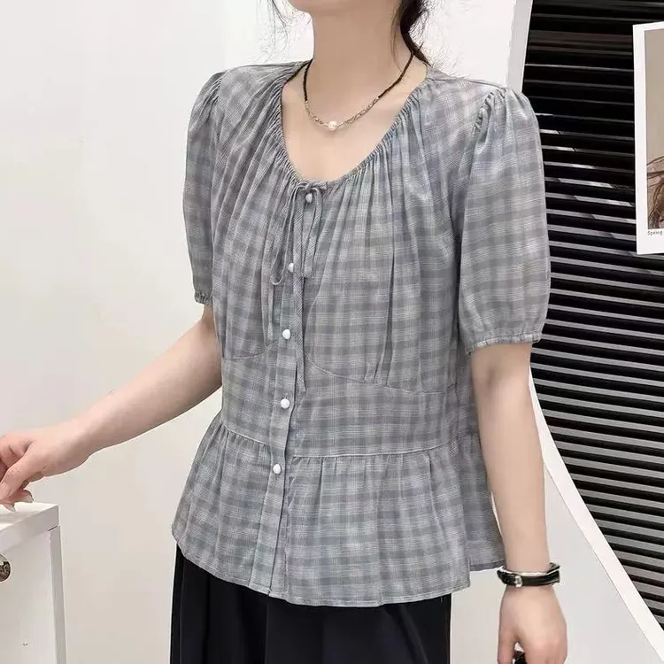 韩系简约绑带格子短袖衬衫女2025夏季新款设计感显瘦百搭衬衫上衣