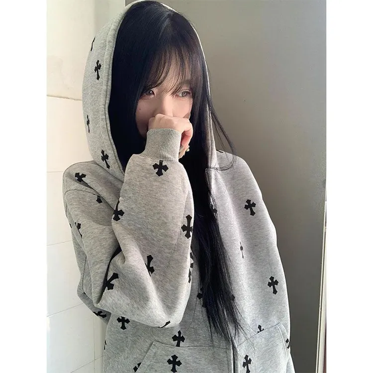 美式复古街头十字架满印连帽卫衣女秋季薄款宽松情侣潮牌开衫外套