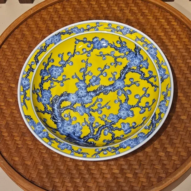 水造青花黄釉冰梅壶承