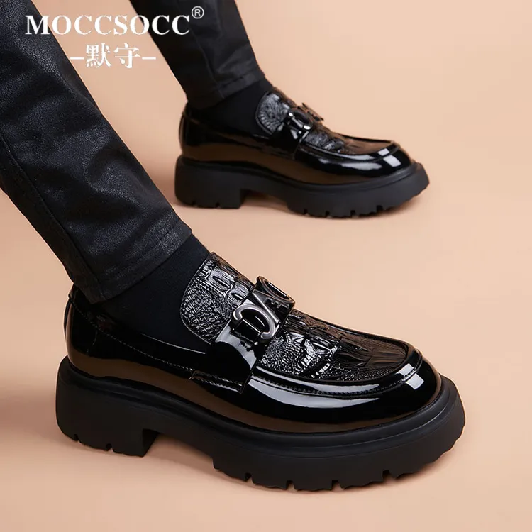 MOCCSOCC皮鞋男款潮流一脚蹬豆豆鞋厚底增高鞋时尚百搭商务休闲鞋