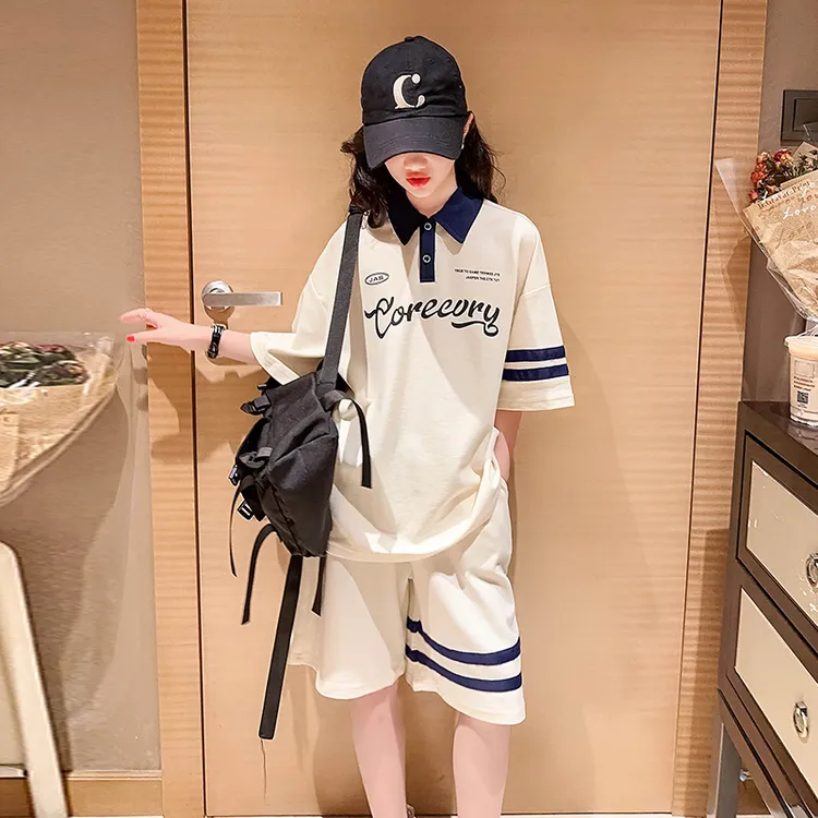 女童夏装POLO衫短袖短裤套装网红新款韩版2024女孩宽松洋气两件套