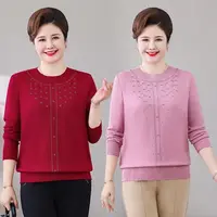 中老年妈妈圆领加肥加大码薄款针织毛衣秋季纯色打底衫妈妈装洋气