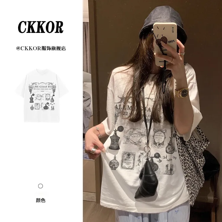 CKKOR夏季新款圆领短袖上衣女欧美时尚潮牌设计感印花宽松遮肉t恤