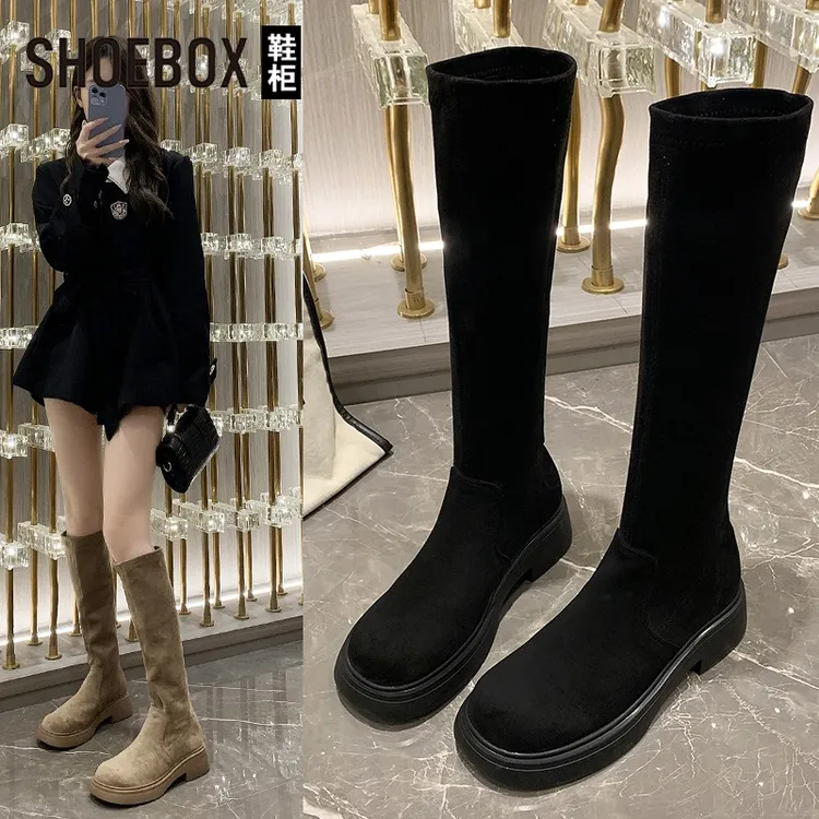 达芙妮旗下鞋柜欧洲站女靴长靴不过膝平底显瘦弹力靴高筒靴百搭靴