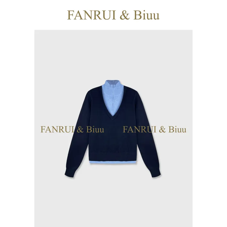 FANRUI/泛芮 「伪层叙旧」羊毛撞色拼接两件设计洋气针织上衣B19289
