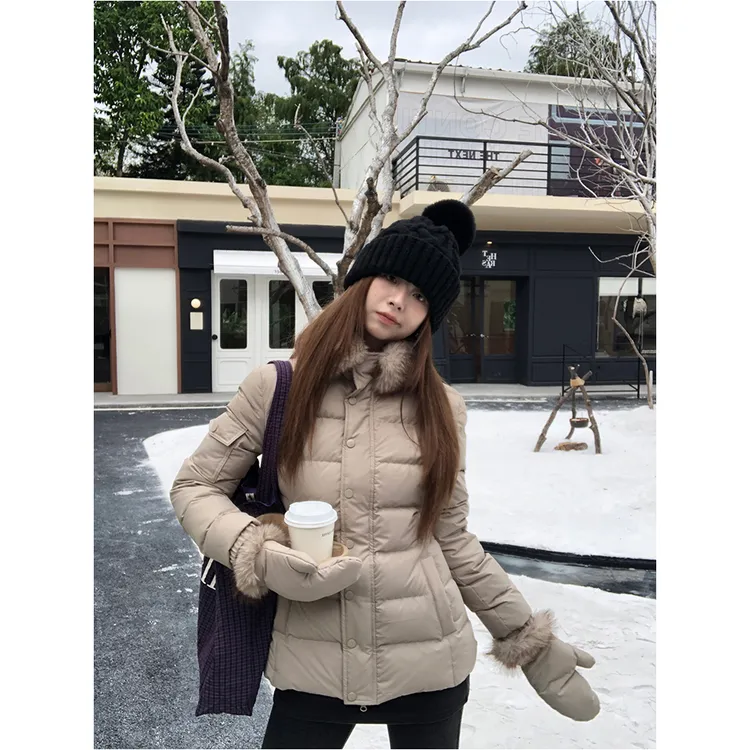 韩系复古奶咖色毛领修身排骨棉服女冬季防风保暖外套收腰显瘦棉衣