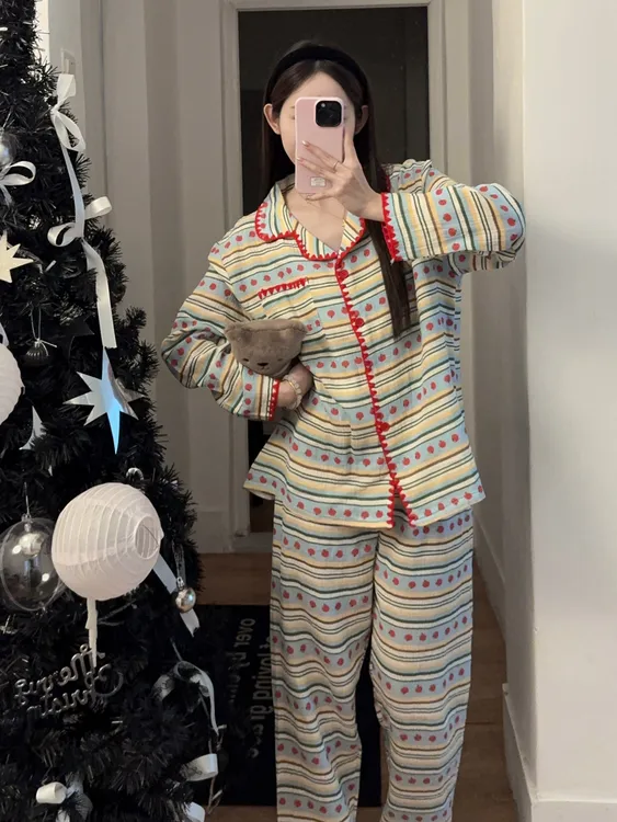 韩系条纹复古秋冬季纯棉纱布睡衣女款长袖可外穿家居服套装新款