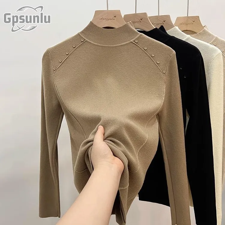 gpsunlu修身显瘦半高领纽扣毛衣女秋冬套头打底衫百搭纯色时尚