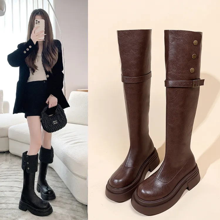 两穿过膝高筒靴女2025秋冬新款马丁靴厚底小个子增高显瘦长筒靴子