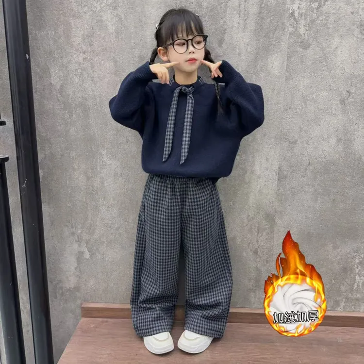 女童秋冬新款加厚毛衣套装儿童韩系穿搭大童女孩加绒格子裤两件套