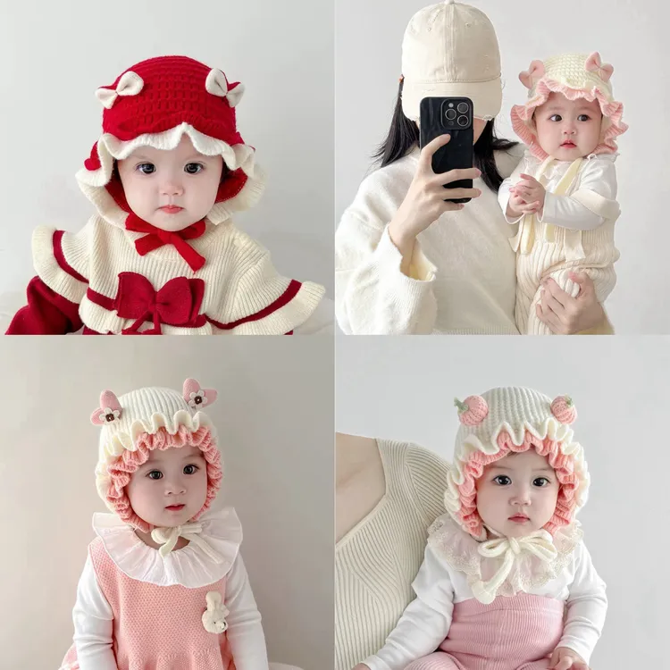 针织花边帽双层公主帽荷叶边女童洋气蝴蝶结婴幼儿婴儿秋冬季帽
