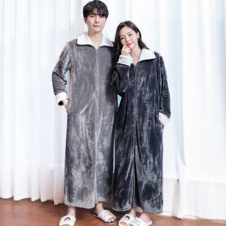 秋冬连体睡衣男士睡裙可裸穿大码拉链浴裙防走光长款家居服睡袍女