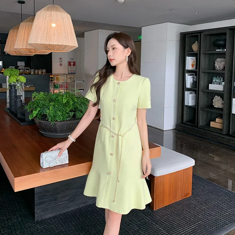 [奢姿轻奢系列]大码女装2024夏季链条时尚连衣裙胖妹妹荷叶摆裙子