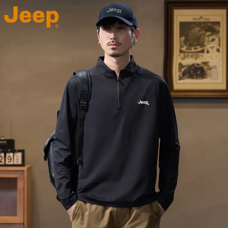 JEEP吉普半拉链长袖T恤男款秋冬季黑色立领宽松休闲百搭打底上衣