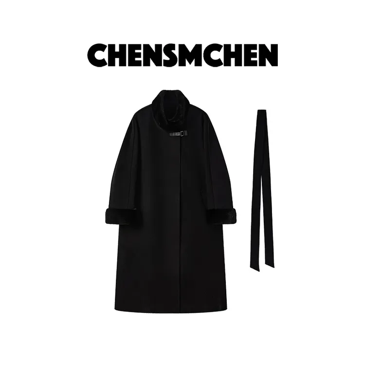 CHENSMCHEN【黑天鹅】拼水貂黑色毛呢大衣女90鹅绒外套CSD12033SL