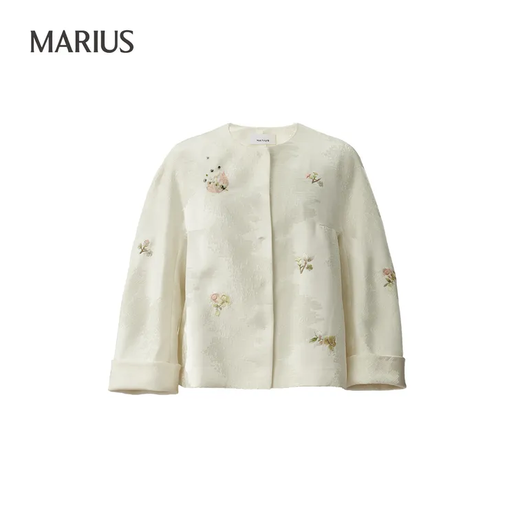 MARIUS新中式圆领立体裁剪括版连肩直身型刺绣外套
