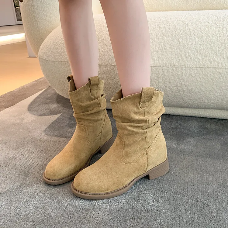 【增高约8cm】女士中筒复古风格粗跟厚底显瘦V口带2025今年流行鞋子