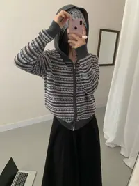 韩系双拉链费尔岛连帽针织羊毛开衫