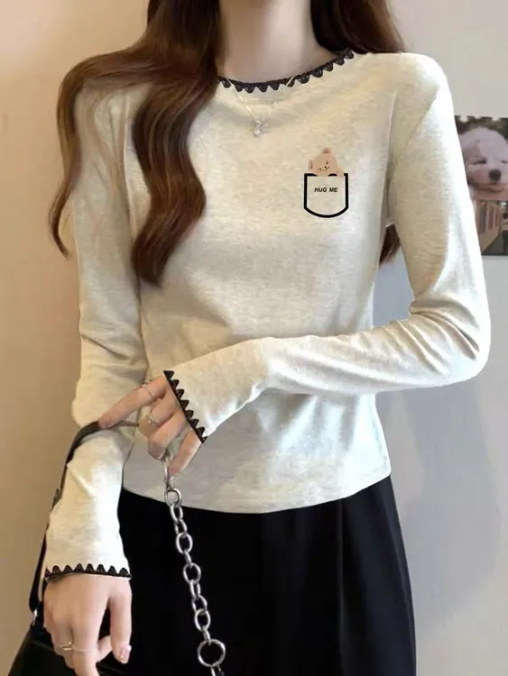 美式穿搭纯棉长袖t恤女上衣设计感小众女内搭打底衫早秋薄款上衣