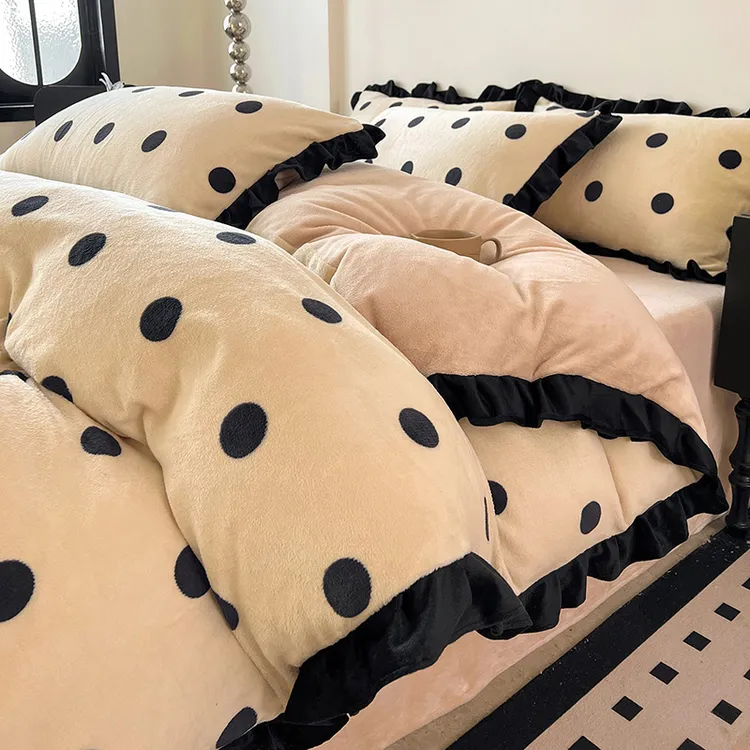 法式花边牛奶绒床上四件套冬季加厚保暖双面珊瑚绒被套床单床笠款