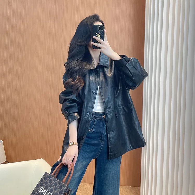 黑色皮衣女款2025新款酷飒风中长款翻领宽松百搭休闲风衣春秋款潮