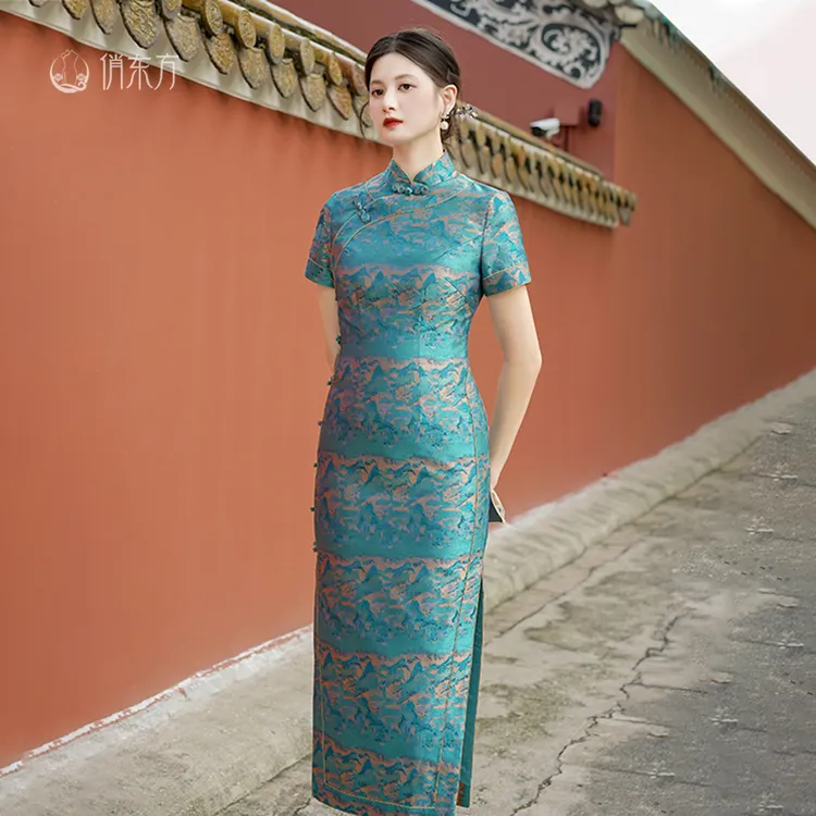 俏东方【千里江山】桑蚕丝宋锦宽边高腰短袖年轻款气质百搭旗袍中式