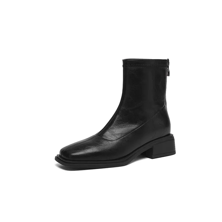 软羊皮粗跟圆头轻便方头英伦风法式方头瘦瘦靴短靴舒适百搭时装靴