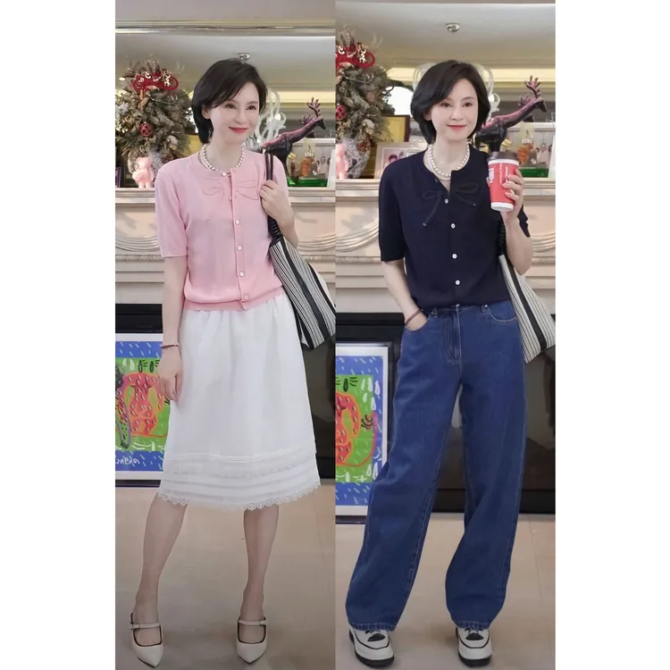 我是摩羯 蒂凡尼蝴蝶结 曲珠14针进口机织秋短袖针织开衫