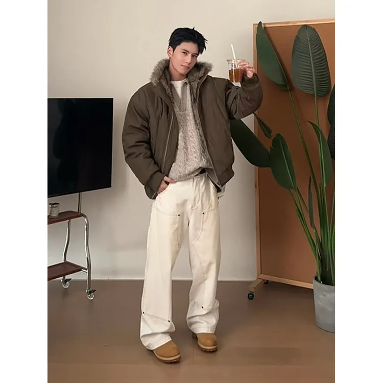 米白色美式铆钉牛仔裤男款双膝伐木裤子cleanfit宽松直筒工装长裤